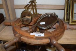 Mixed Lot: Ships wheel, vintage car light and a magnifying glass