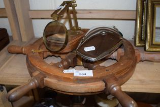 Mixed Lot: Ships wheel, vintage car light and a magnifying glass