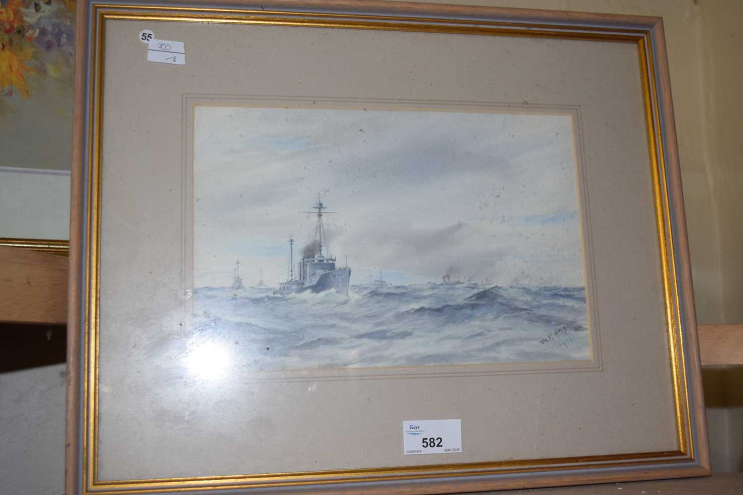 Study of military ships at sea by W F Haynes, 1917, watercolour, framed and glazed