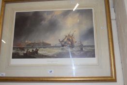 After John Wilson Carmichael, Shipping in a Squall of Tynemouth, coloured print, framed and glazed