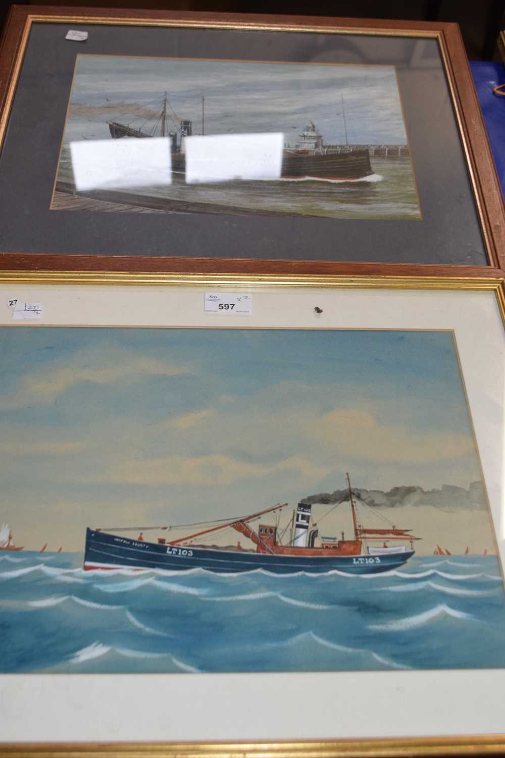 Two fishing boats at sea, framed and glazed