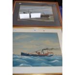 Two fishing boats at sea, framed and glazed