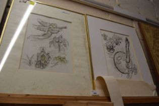 Two contemporary cartoons, pen and pencil on paper, framed