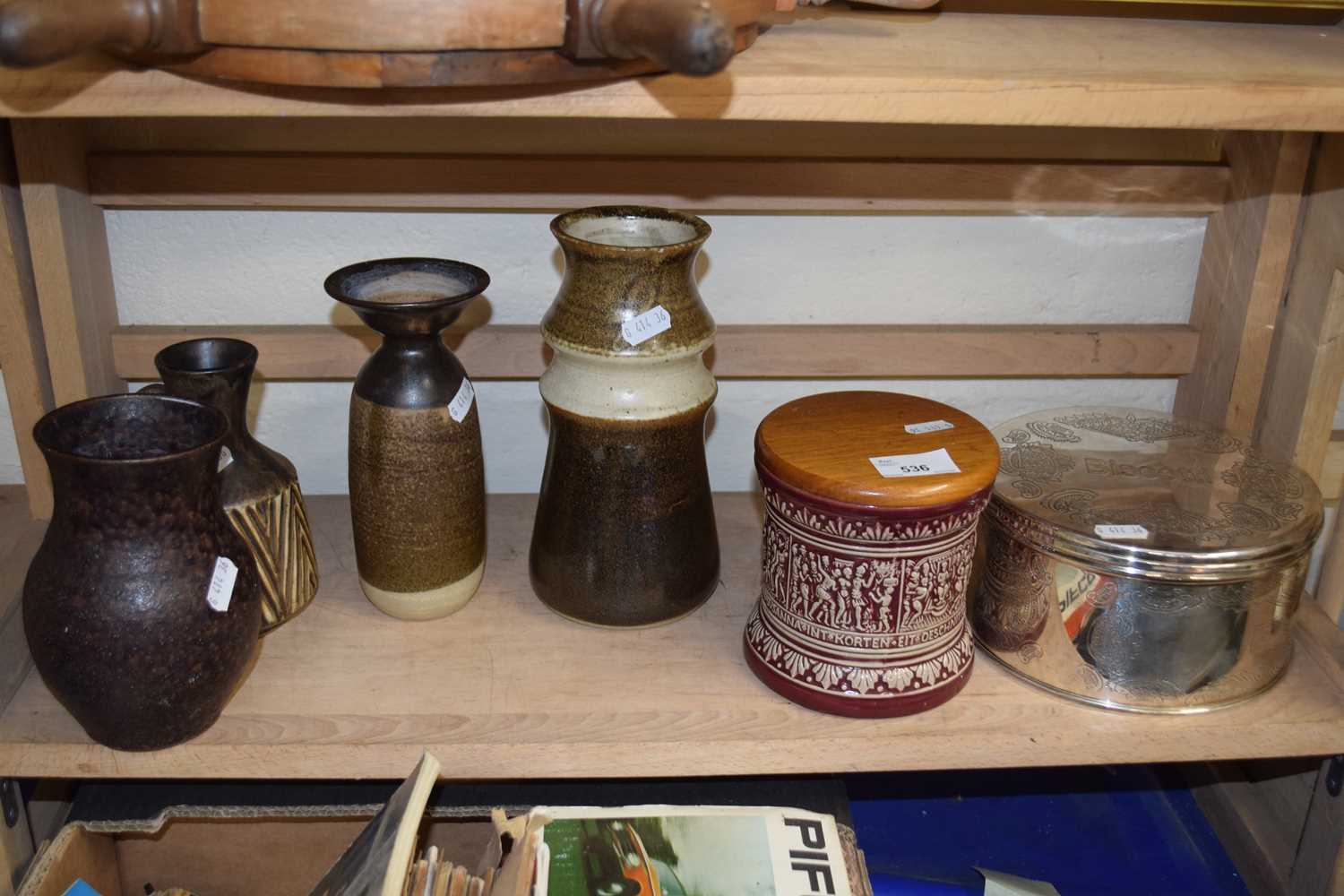 Mixed Lot: White metal biscuit tin, German stone ware vases, Studio Pottery etc