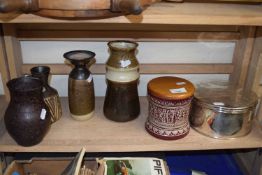 Mixed Lot: White metal biscuit tin, German stone ware vases, Studio Pottery etc