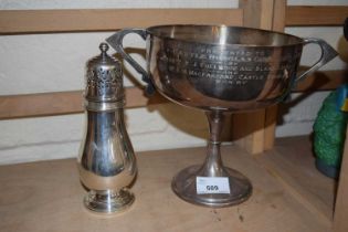 A white metal sugar caster and an EPNS trophy