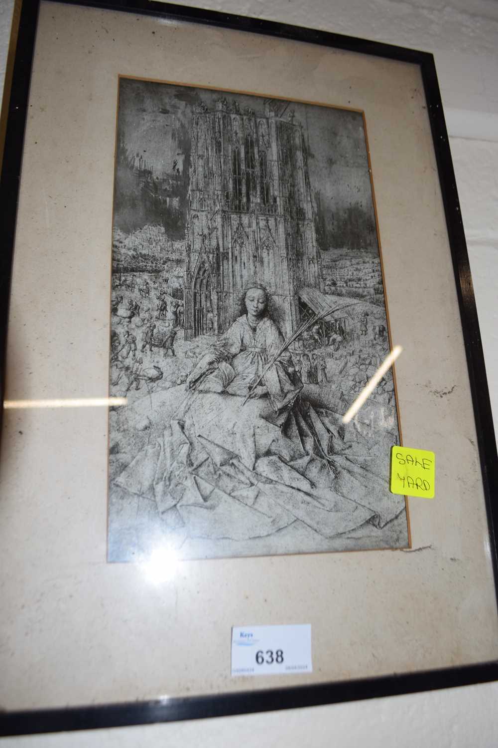 Reproduction print of a woman seated before a Cathedral