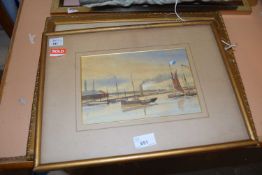 Steam ship coming into harbour, watercolour, framed and glazed together with a horse and cart by