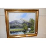 River with mountains beyond, oil on canvas in gilt frame