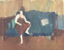 Derek Inwood (1925-2012). oil on card, Female figure on sofa, unframed,