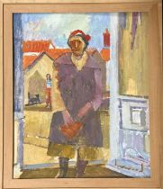 Derek Inwood (1925-2012). oil on board, "Gillian at the Door", signed, titled verso, framed,
