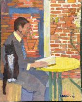 Derek Inwood (1925-2012). oil on card, Portrait of man reading with cat, artists label verso,