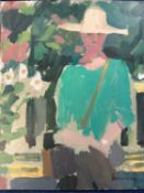 Derek Inwood (1925-2012). oil on board, Portrait, seated in garden, signed, unframed,