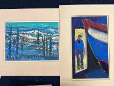 Derek Inwood (1925-2012), 2 mounted Pastels, a fisherman by his boat together with abstract
