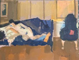 Derek Inwood (1925-2012). oil on board, "Nude on the Sofa", signed, unframed,