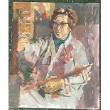 Derek Inwood (1925-2012). oil on board, Portrait, female artist at work, unframed,