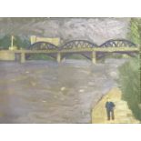 Derek Inwood (1925-2012). oil on foam board, Riverscape with bridge and figure, unframed,