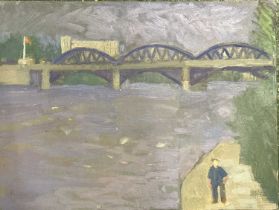 Derek Inwood (1925-2012). oil on foam board, Riverscape with bridge and figure, unframed,