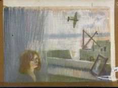 Derek Inwood (1925-2012), unframed pastel, figure seated by window with passing aeroplane, 39 x 52