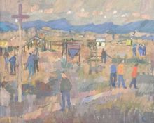 Derek Inwood (1925-2012). oil on foam board, Landscape with figures and agricultural equipment,