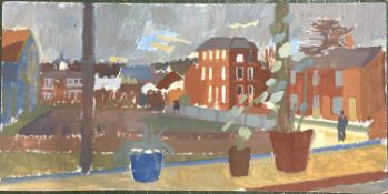 Derek Inwood (1925-2012). oil on board, View from a window of a townscape, unframed,