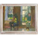 Derek Inwood (1925-2012). oil on board, Interior with figures, framed, artists label verso,
