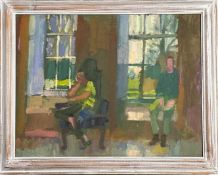 Derek Inwood (1925-2012). oil on board, Interior with figures, framed, artists label verso,