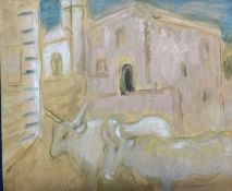 Derek Inwood (1925-2012). oil on canvas, Cattle in continental village scene, unframed,