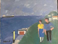 Derek Inwood (1925-2012). oil on card, "Walking on the Cliff Sheringham", titled verso, signed,