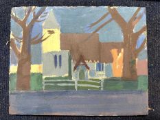 Derek Inwood (1925-2012). oil on foam board, "Church, Berkshire", titled verso, unframed.,