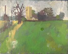 Derek Inwood (1925-2012). oil on board, Landscape with church, unframed,