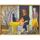 Derek Inwood (1925-2012). oil on board, Cat and figures in garden, signed, framed ,