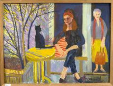 Derek Inwood (1925-2012). oil on board, Cat and figures in garden, signed, framed ,