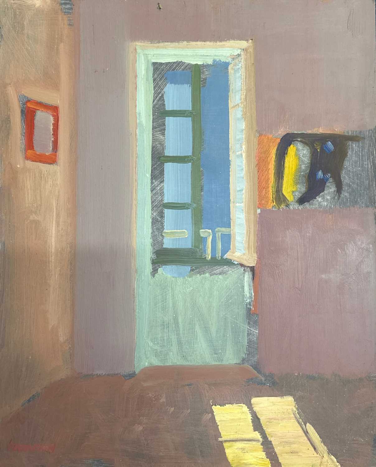 Derek Inwood (1925-2012). oil on board, Inrerior scene with window, unframed,