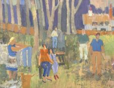 Derek Inwood (1925-2012). oil on board, Figures in wooded landscape, label verso, unframed,