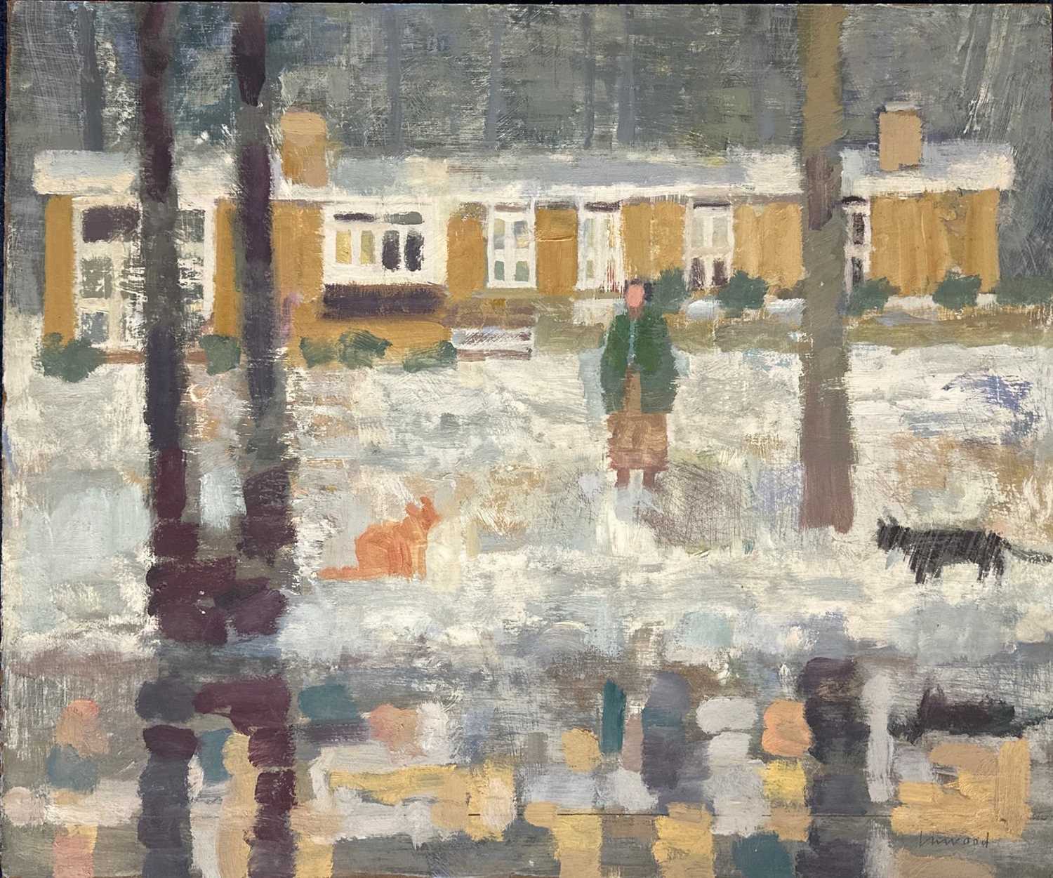 Derek Inwood (1925-2012). oil on board, Figures by a wooded lakeside bungalow, signed, unframed,