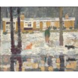 Derek Inwood (1925-2012). oil on board, Figures by a wooded lakeside bungalow, signed, unframed,