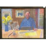 Derek Inwood (1925-2012). oil on board, Man seated at table with flowers, framed,