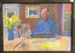 Derek Inwood (1925-2012). oil on board, Man seated at table with flowers, framed,