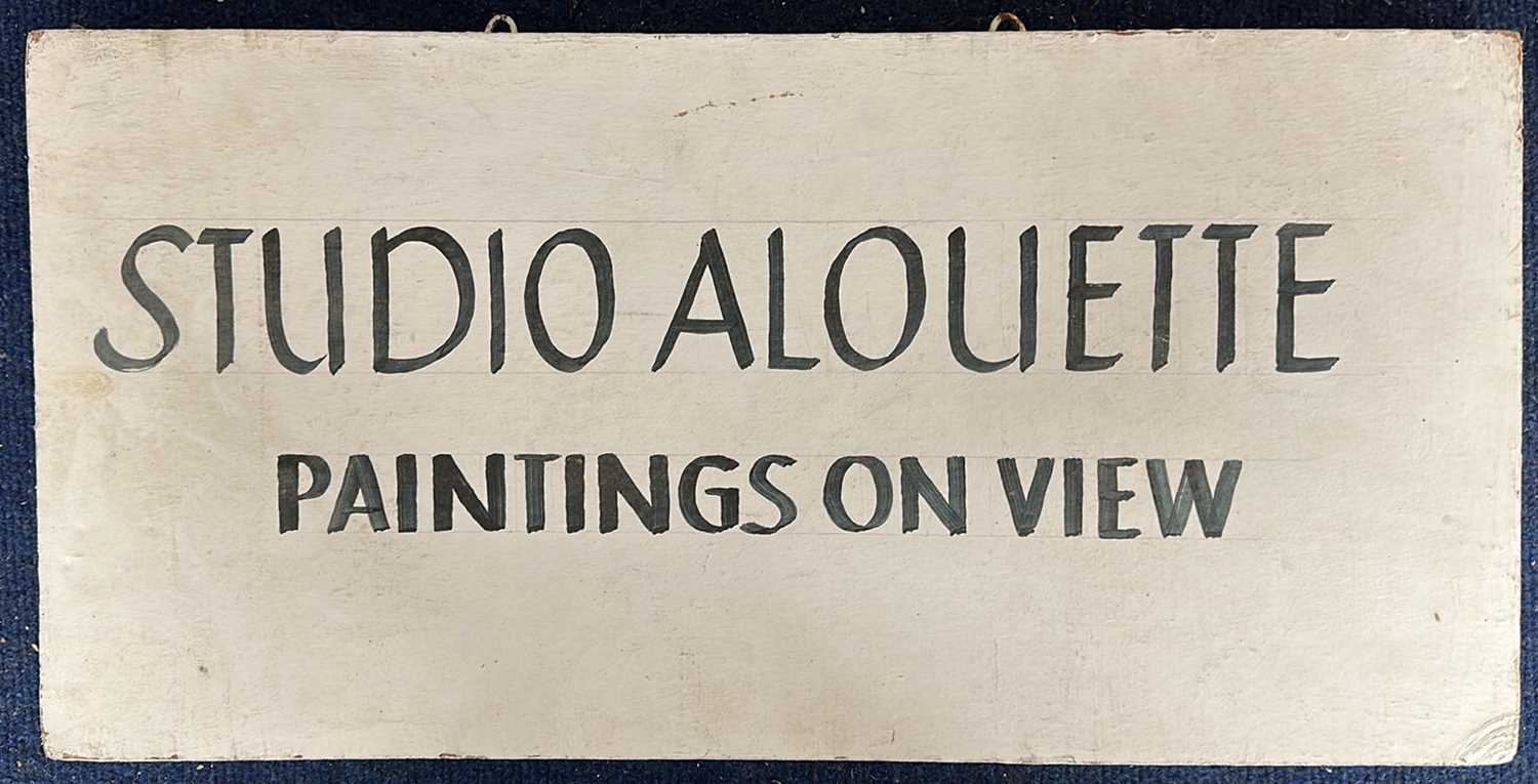 A hand-painted double-sided Sign, on foam board, "STUDIO ALOUETTE - PAINTINGS ON VIEW". , , ,