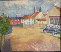 Derek Inwood (1925-2012). oil on board, Village scene with car, framed,