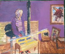 Derek Inwood (1925-2012). oil on board, Portrait, artist at work, signed, unframed,