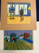 Derek Inwood (1925-2012), Two pastels, interior and exterior scenes with figures, 37x50cm