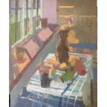 Derek Inwood (1925-2012). oil on board, Still life, table by window, signed, unframed,