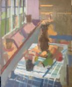 Derek Inwood (1925-2012). oil on board, Still life, table by window, signed, unframed,