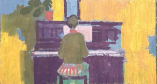 Derek Inwood (1925-2012). oil on board, Portrait of Gillian, playing piano, Exhibition label