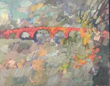 Derek Inwood (1925-2012). oil on board, Landscape with bridge, unframed,