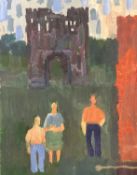 Derek Inwood (1925-2012). oil on card, "Baconsthorpe Castle and Figures", titled and labelled verso,