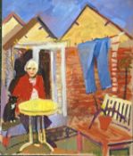 Derek Inwood (1925-2012). oil on card, "Garden with Yellow Table" (Gillian & Millie), signed, titled