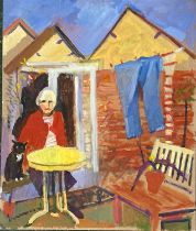 Derek Inwood (1925-2012). oil on card, "Garden with Yellow Table" (Gillian & Millie), signed, titled